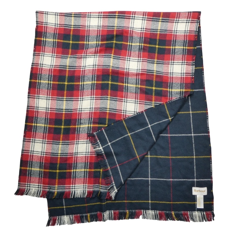 Barbour Scarf Mens One Size Red Navy Plaid Acrylic Reversible Fringe Winter